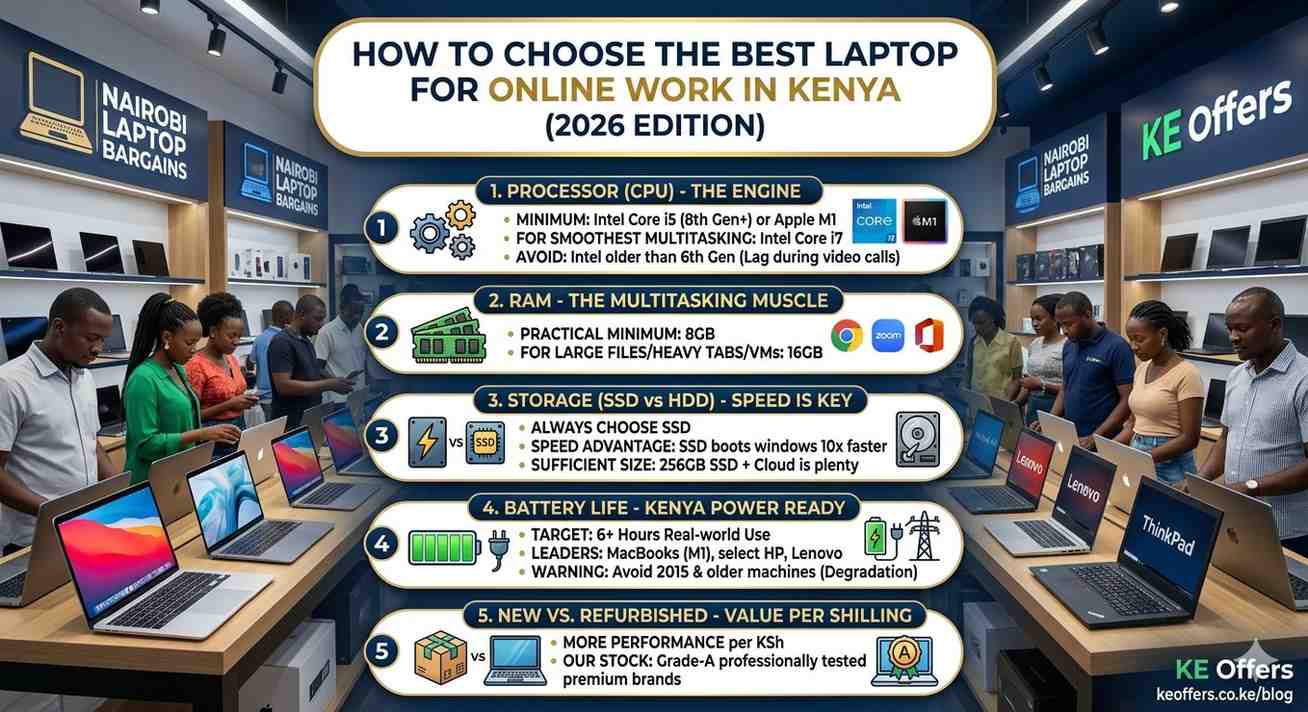 Person comparing laptops in a Nairobi tech shop — how to choose the best laptop for online work Kenya