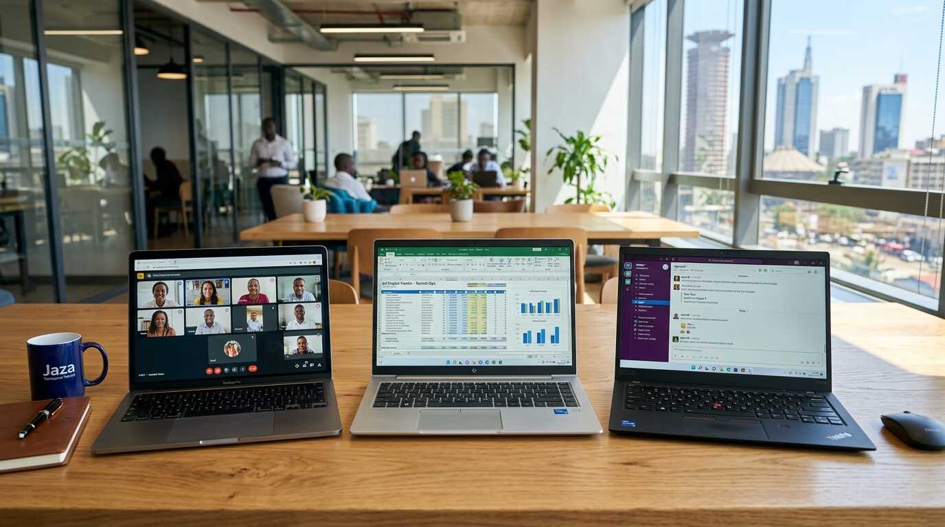 Best laptops for online work in Kenya — MacBook, HP EliteBook, Lenovo ThinkPad displayed on a desk in Nairobi