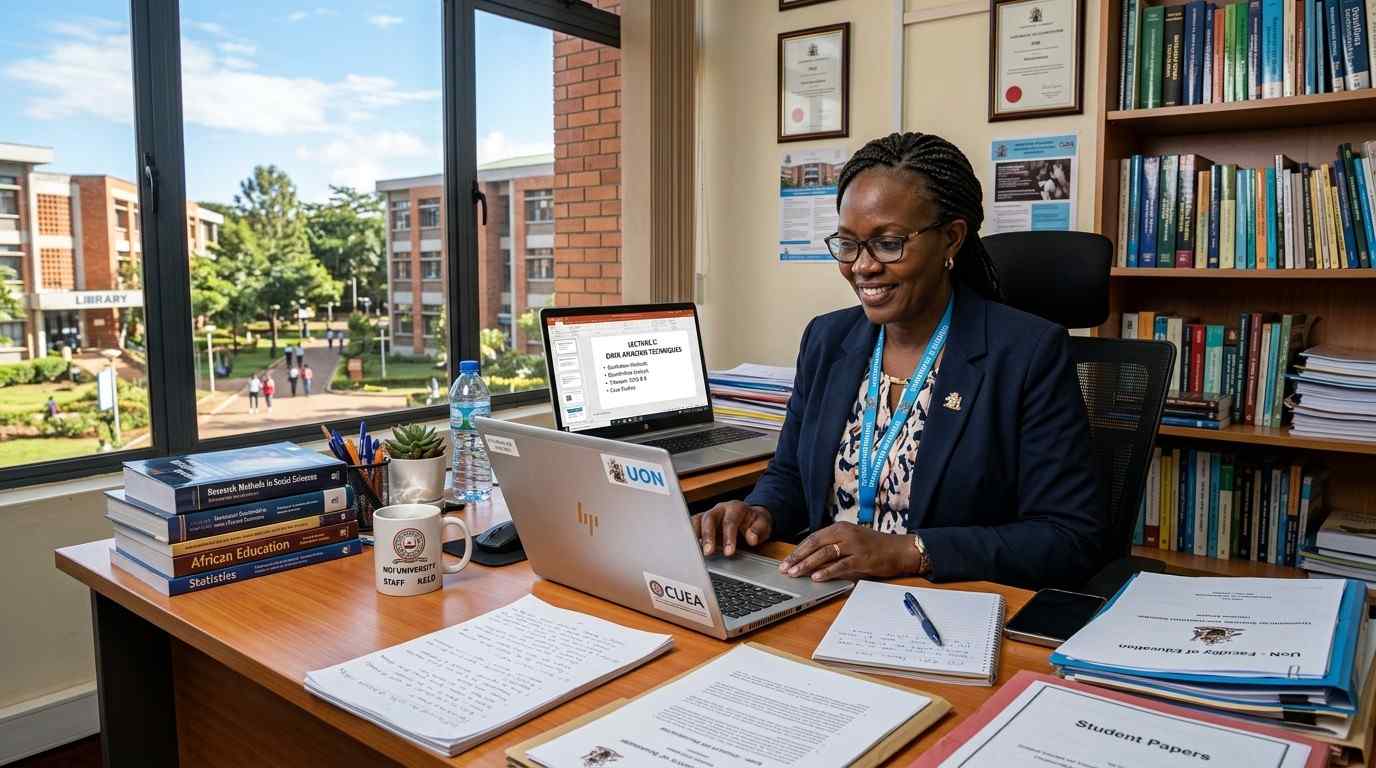 Best laptop for university lecturers in Kenya placed on a desk with books and a coffee mug