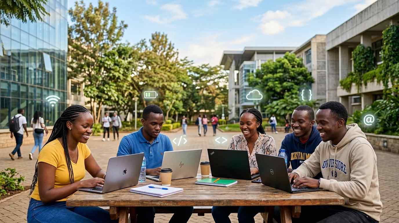 Student using a Lenovo ThinkPad laptop in a Kenyan university library