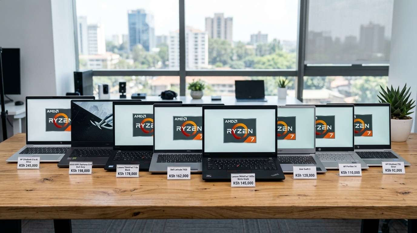 Best AMD Ryzen 7 laptops in Kenya lined up on a desk showing HP EliteBook and Lenovo ThinkPad models
