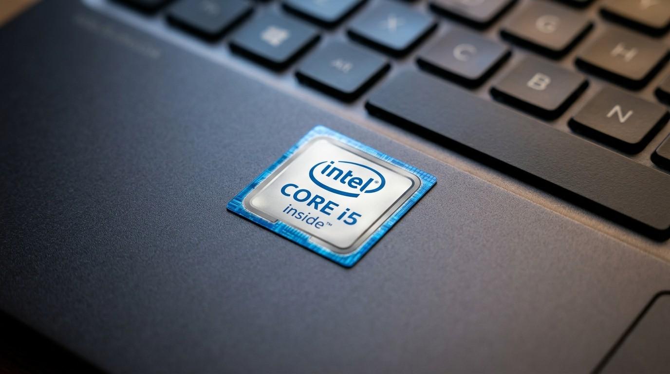 Close up of an Intel Core i5 processor badge on a laptop keyboard