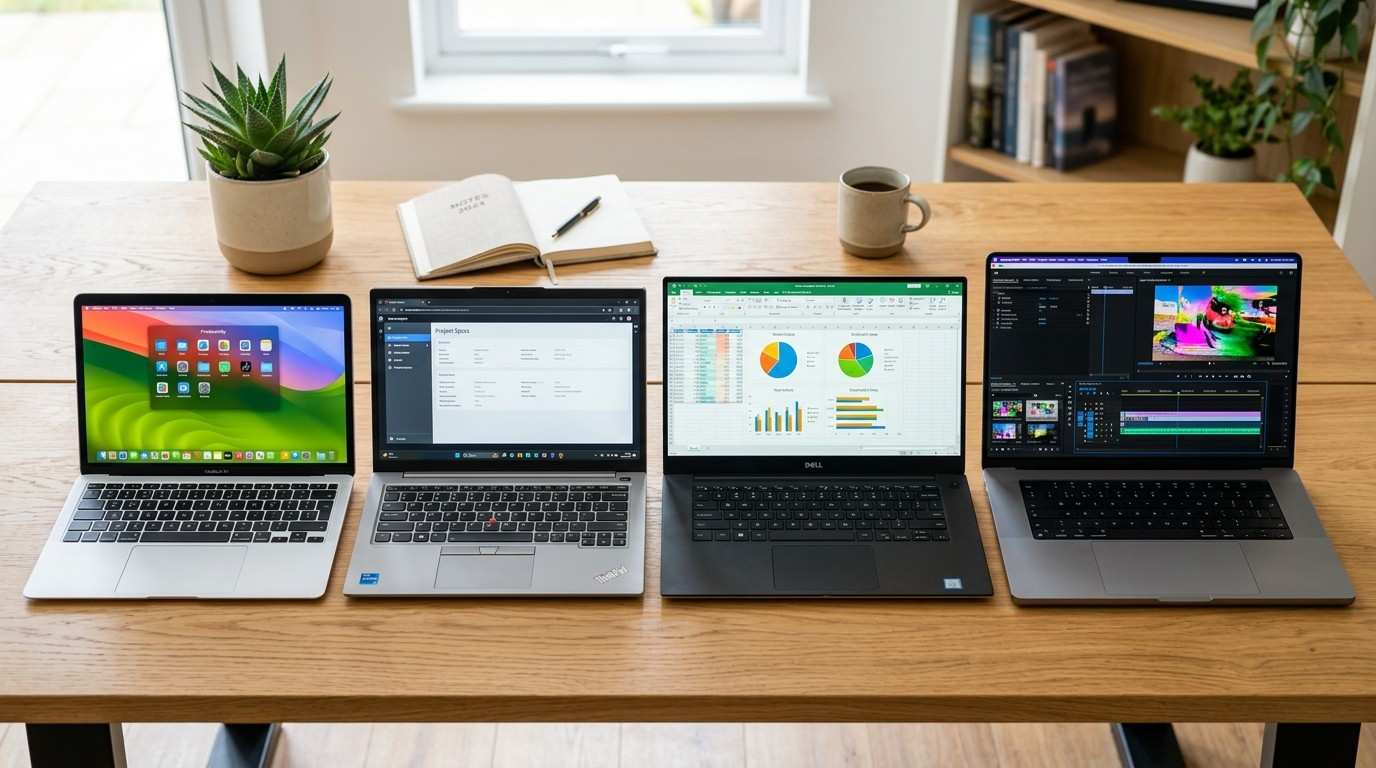 Laptops of different screen sizes lined up on a desk in Nairobi, from 13-inch to 16-inch