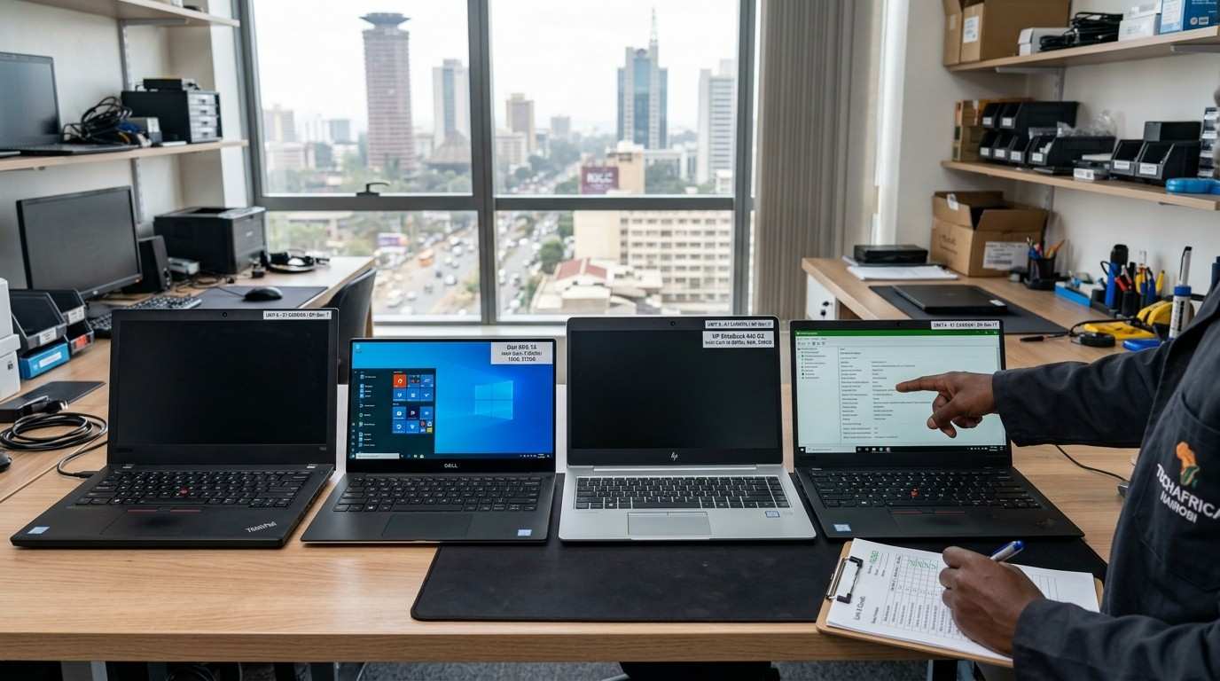 8th Gen Intel laptops including Lenovo ThinkPad and HP EliteBook models on a desk in Nairobi