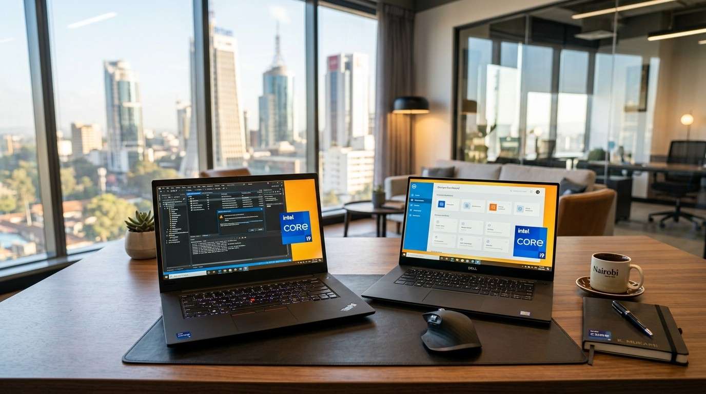 Intel Core i9 laptop running a 3D render on screen in Nairobi
