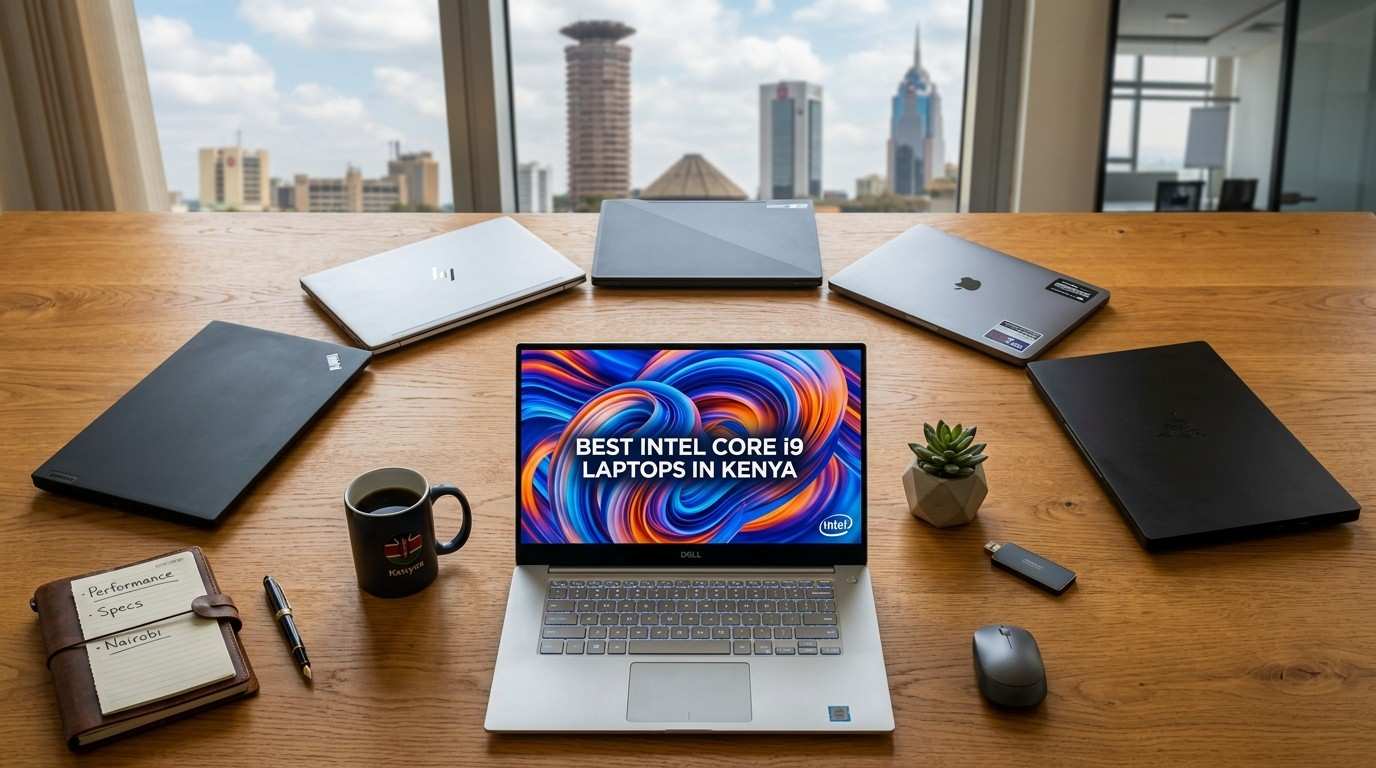 Best Intel Core i9 laptops in Kenya lined up on a desk showing Lenovo ThinkPad P1 and Dell XPS models