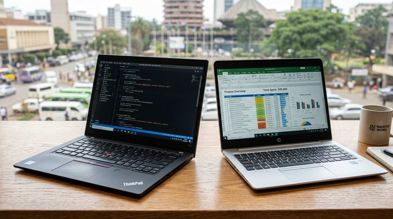 HP EliteBook and Lenovo ThinkPad 8th Gen laptops side by side showing screen and keyboard