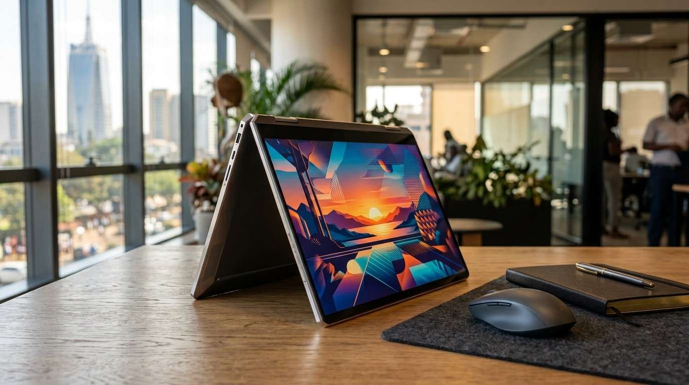 HP Spectre x360 15t convertible laptop in tent mode on a desk in Nairobi