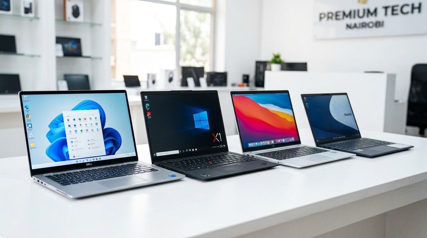 10th and 11th gen Intel laptops in Kenya lined up showing Lenovo ThinkPad and Dell Latitude models