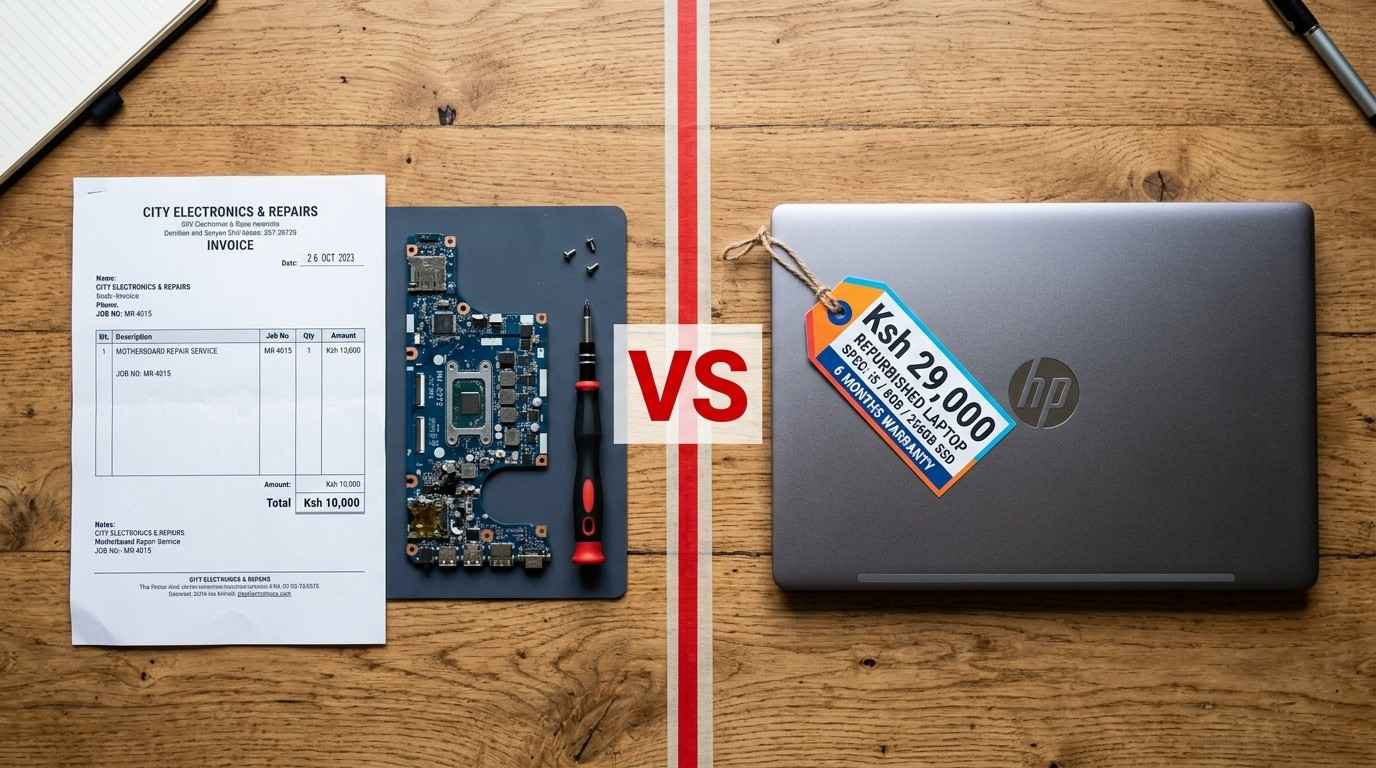 Side by side comparison of a laptop repair receipt and a used laptop price tag in Kenyan shillings