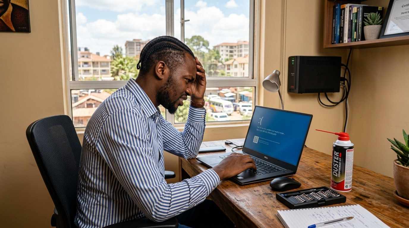 Frustrated laptop user in Nairobi looking at a slow, freezing laptop screen