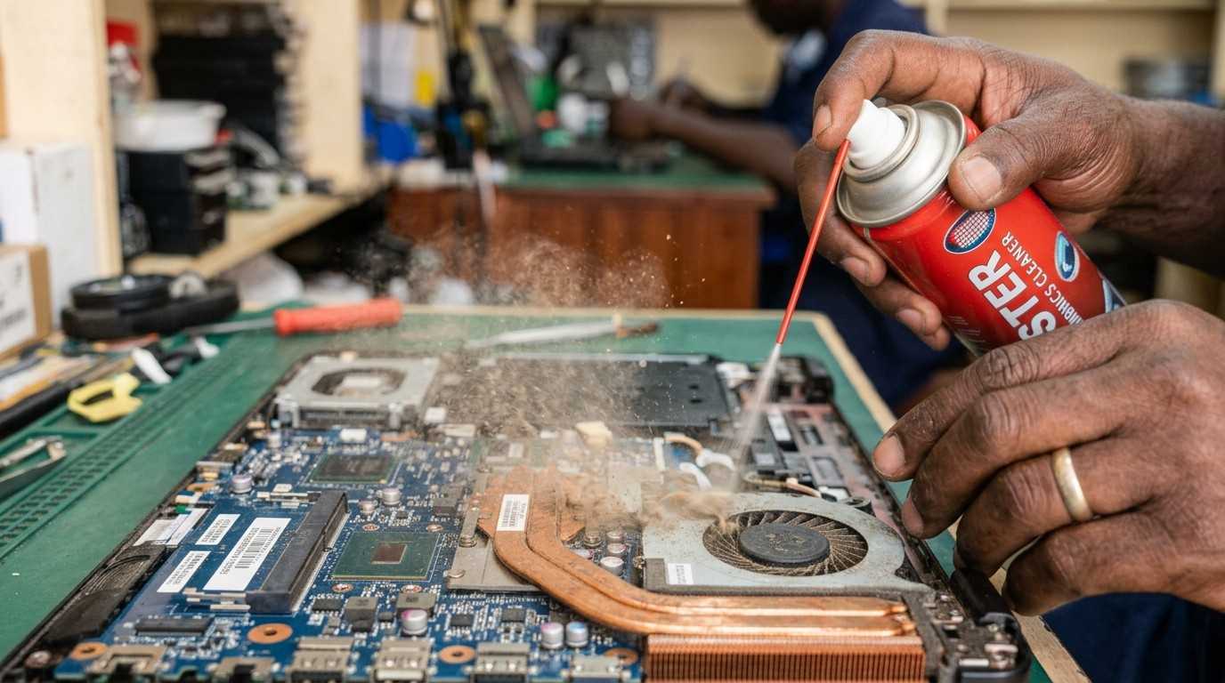 Technician cleaning laptop vents and cooling fan with compressed air in a Nairobi repair shop